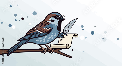 A Pensive Bird with Quill And Paper Writes a Script on a Branch, Animated Art Style
