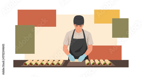 Artistic Illustration Of A Chef Preparing Wraps With Colorful Background Elements