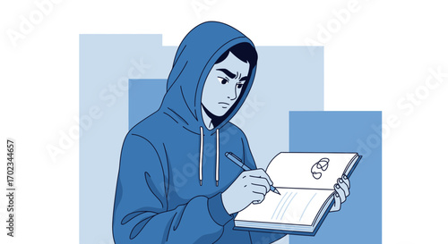A Person Concentrating Deeply, Making Notes in a Notebook Inside a Blue Setting
