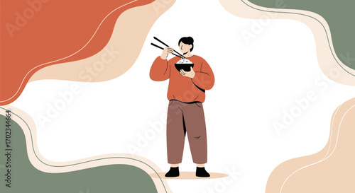 A Person Enjoying Asian Cuisine Using Chopsticks with Stylish Abstract Background