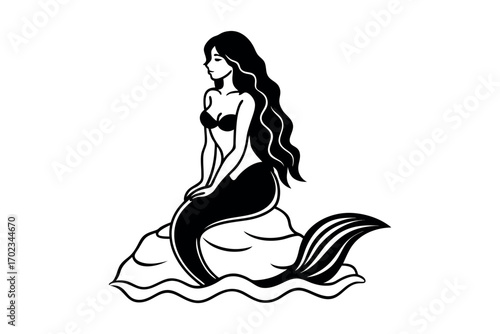 a mermaid sitting gracefully on rocks with flowing hair silhouette