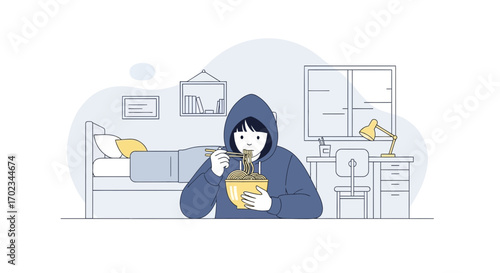 A Person Enjoys Noodles In A Cozy Room Depicting Solitude And Simple Pleasures