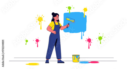 A Person Paints a Wall With Blue Paint, Symbolizing Creation and Renovation Process