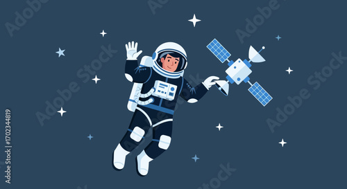 Astronaut Floating Through The Starry Cosmos, Exploring Space Near a Satellite