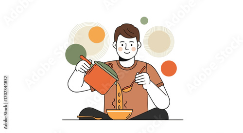 A Person Pouring Soup Into a Bowl, Illustrated With Simplistic, Modern Aesthetics