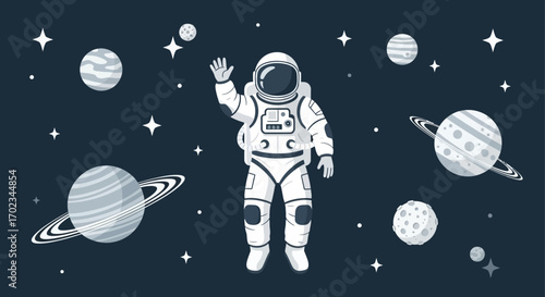 Astronaut Welcoming In Space With Planets And Stars In Flat Illustration
