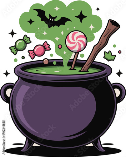 Spooky Halloween cauldron bubbling with magic potion, bats and candy for trick or treat fun