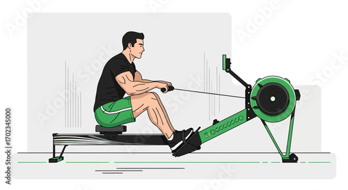 Athlete Engaged In Intense Cardio Workout Using Modern Exercise Rowing Machine Illustration