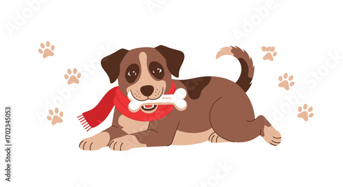A Playful Pup With A Bone And A Scarf In A Friendly And Delightful Illustration
