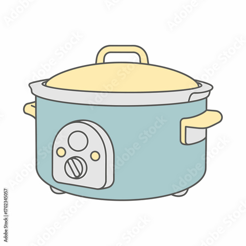 A charming light blue slow cooker with a yellow lid and handles, featuring a simple control panel on the front, ready for cooking.