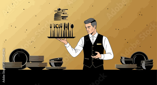A Server Presenting Cutlery And Dishware In A Sophisticated Restaurant Scene