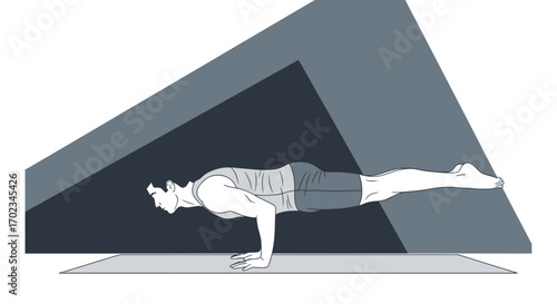 Athlete Performing Arm Balance Yoga Pose Under Abstract Geometric Shape Illustration