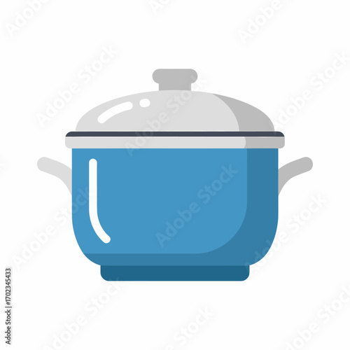A simple flat vector illustration of a blue cooking pot with a light gray lid and handles, isolated on a white background.