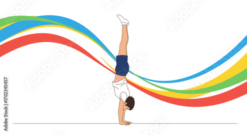 Athlete Performing Handstand with Colorful Wave Design on White Background Illustration
