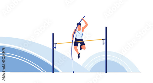 Athlete Performing Pole Vault Above a Bar in a Simple Flat Style Illustration