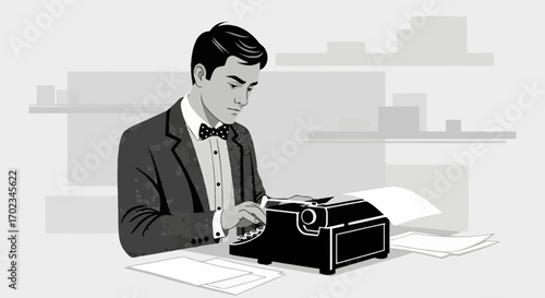 A Vintage Illustration Depicting a Man In Tuxedo Focused On Writing A Story