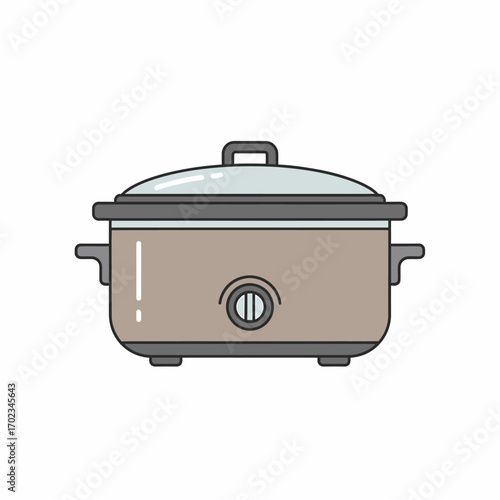A simple cartoon illustration of a modern slow cooker with a glass lid and control knob, depicted in a minimalist style.