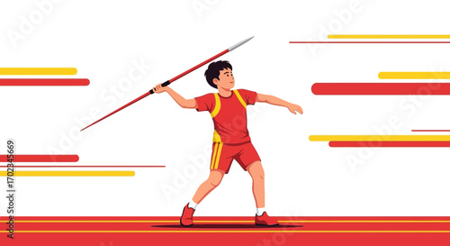 Athlete Preparing To Throw Javelin, Sport Competition, Isolated On White Backdrop