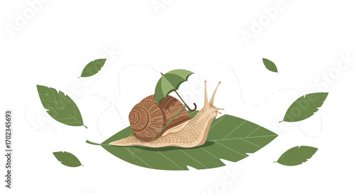 A Whimsical Snail Carries an Umbrella While Crawling Over a Leaf Surrounded by Foliage