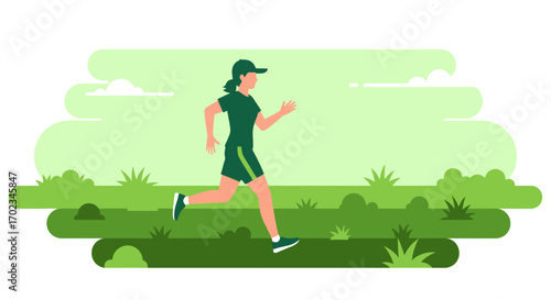 A Woman Running In A Park During The Day With Green Scenery And A Cap