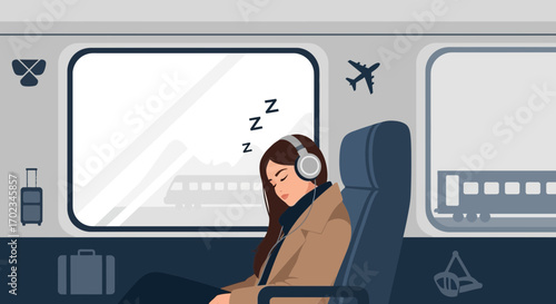A Woman Sleeps Comfortably On A Train While Listening To Music During Her Journey