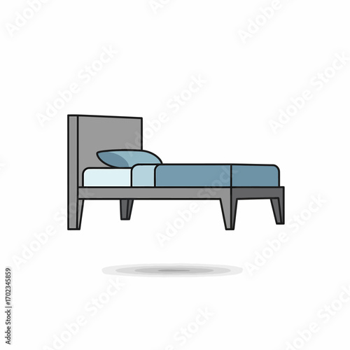 Simple flat design illustration of a modern single bed with a grey frame and blue bedding.