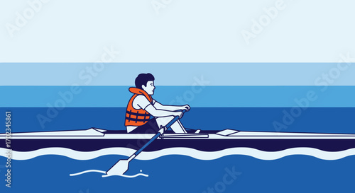 Athlete Rowing A Boat On The Water With A Life Vest Under A Blue Sky