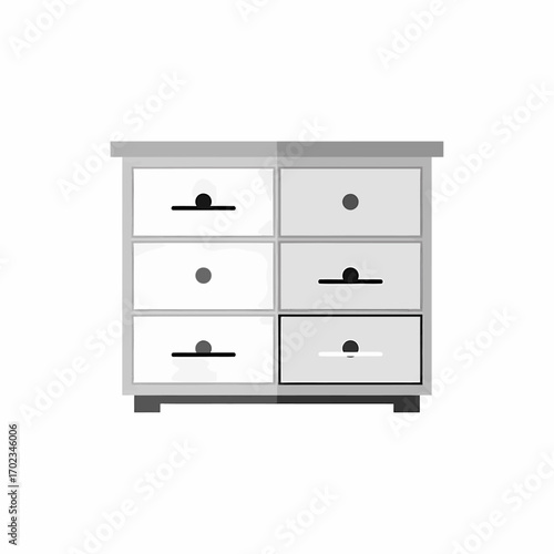 Flat design illustration of a modern chest of drawers with six compartments in light gray and white colors.
