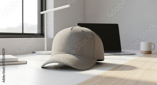 Light Gray Baseball Cap on a Clean Modern Desk with Laptop and Books