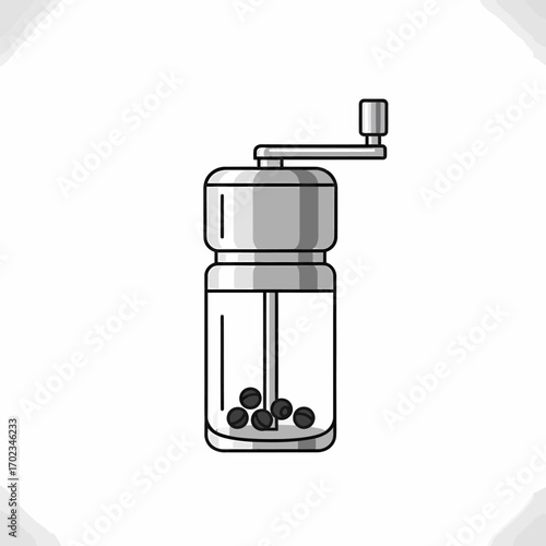 A simple line art illustration of a manual pepper grinder with a crank handle and visible peppercorns in the clear container.