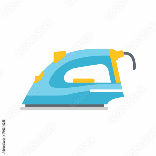 A modern electric steam iron in light blue and yellow colors, used for pressing clothes.