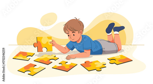 A Young Boy Assembles a Puzzle, Concentrating in a Playful and Relaxing Manner
