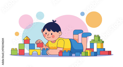 A Young Boy Building With Colorful Blocks, Focused On Creative Play And Construction