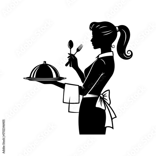 Female Waiter Silhouette with Food Tray
