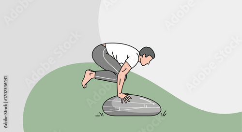 Athletic Figure in Equilibrium Practices Balance and Performs Handstand on Stone