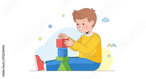 A Young Child Playing And Building With Wooden Blocks Having Fun On A Sunny Day