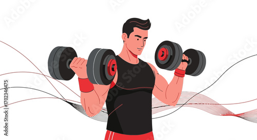 Athletic Man Demonstrating Dumbbell Workout Routine With Abstract Lines Graphics