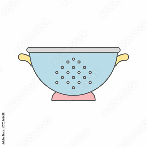 A light blue colander with small holes, yellow handles, and a pink base, on a white background.