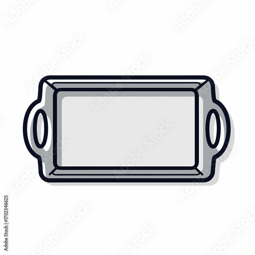 A simple doodle illustration of a rectangular serving tray with handles, depicted in grey with black outlines.
