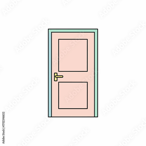 A simple cartoon illustration of a closed pink door with a light blue frame and a golden doorknob on a white background.