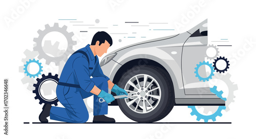 Automotive Service Expert Working on a Vehicle with Stylish Gear Elements