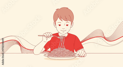 A Young Person Enjoying Italian Pasta Noodles In A Delightful Illustrated Composition