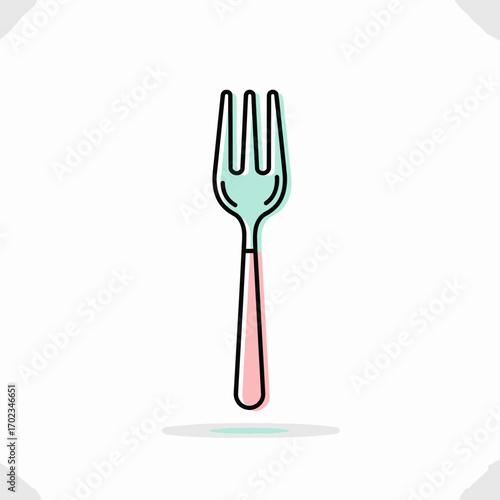 A minimalist line art illustration of a fork with light blue tines and a pink handle on a white background.