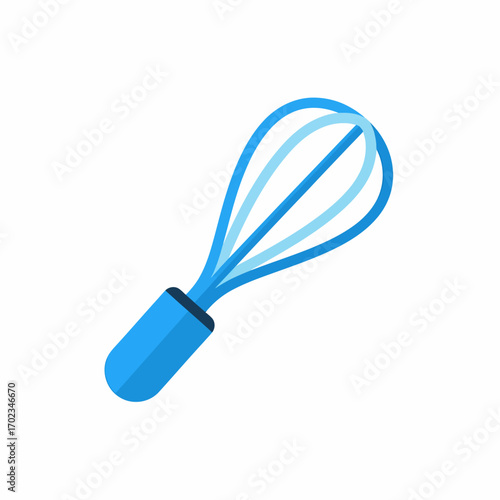 A simple blue kitchen whisk with a handle and loops, used for mixing ingredients.