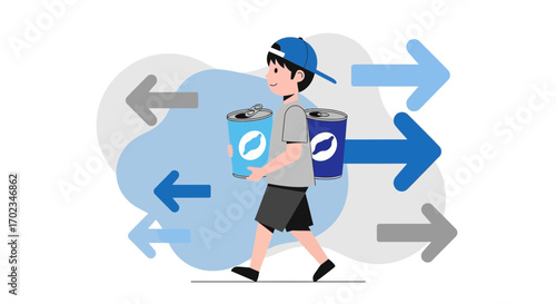 A Youthful Figure Navigates Direction with Refreshments As Arrows Pointing Guidance Options