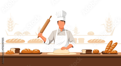 Baker Crafts Delicious Bread, Working with Dough and Various Baked Loaves in Bakery Shop