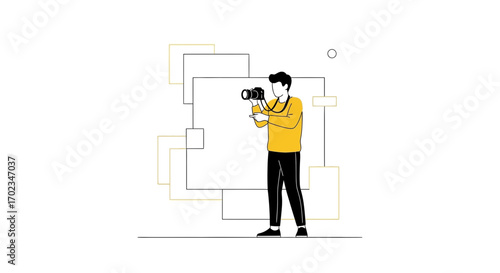 Abstract Line Illustration Of Photographer Posing With Camera And Conceptual Composition