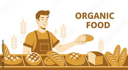 Baker Delivers Freshly Baked Organic Bread Displaying Assorted Loaves On A Shelf