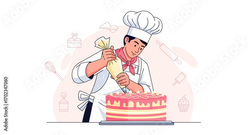 Baker Expertly Decorating Delightful Layered Cake, Adding Exquisite Details for Presentation