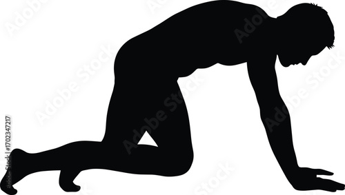 Silhouette of Man Crawling on All Fours in Low Position for Fitness, Exhaustion, Military Training, or Survival Concept Illustration